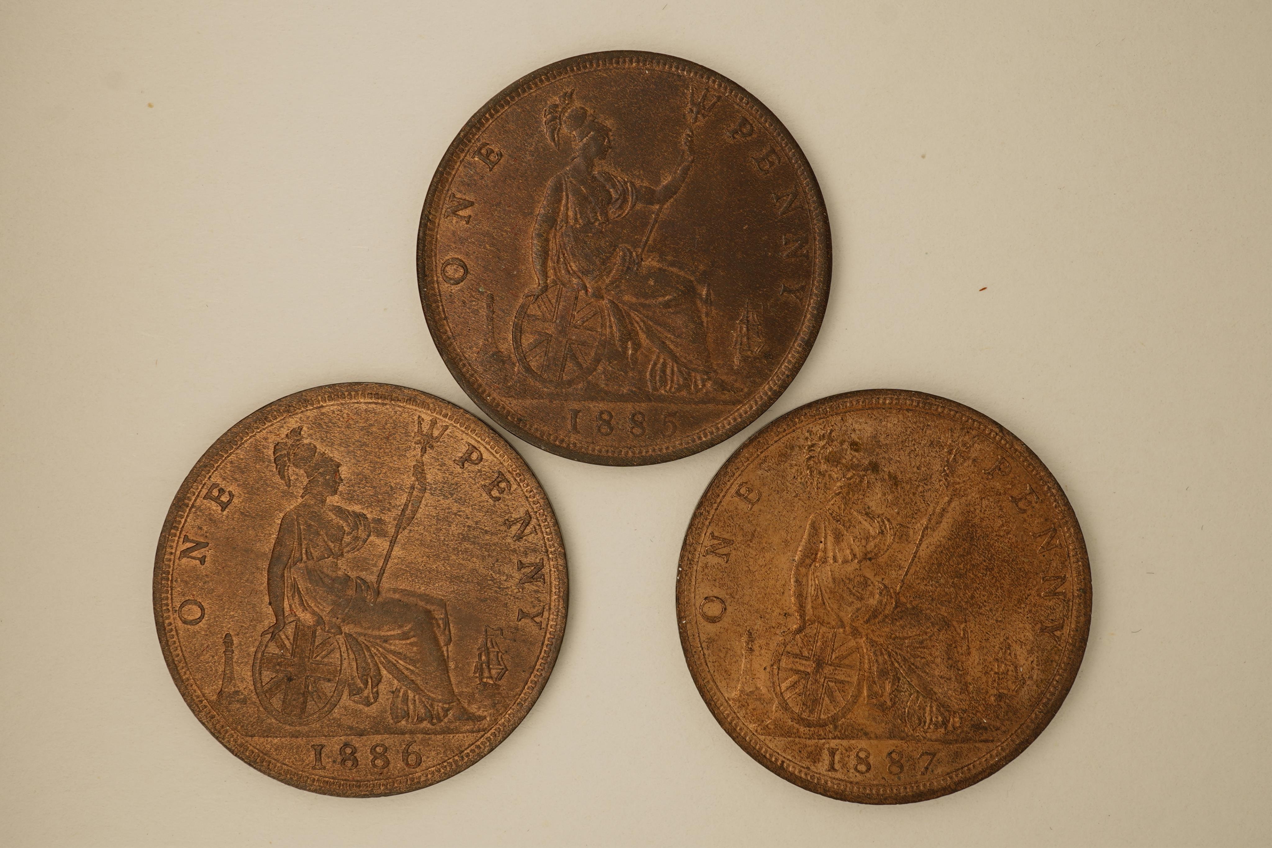 British coins, Victoria, three bronze pennies;, 1885, Fr. 121, Gouby dies R/r, EF, toned, some lustre, 1886, Fr. 123, Gouby dies R/r, EF, lustre, 1887, Fr. 125, Gouby dies R/r, EF, lustre.
